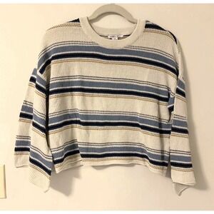 O'Neill Cropped Boxy Flared Sleeve Striped Surf Knit Sweater Woman's Size S Blue